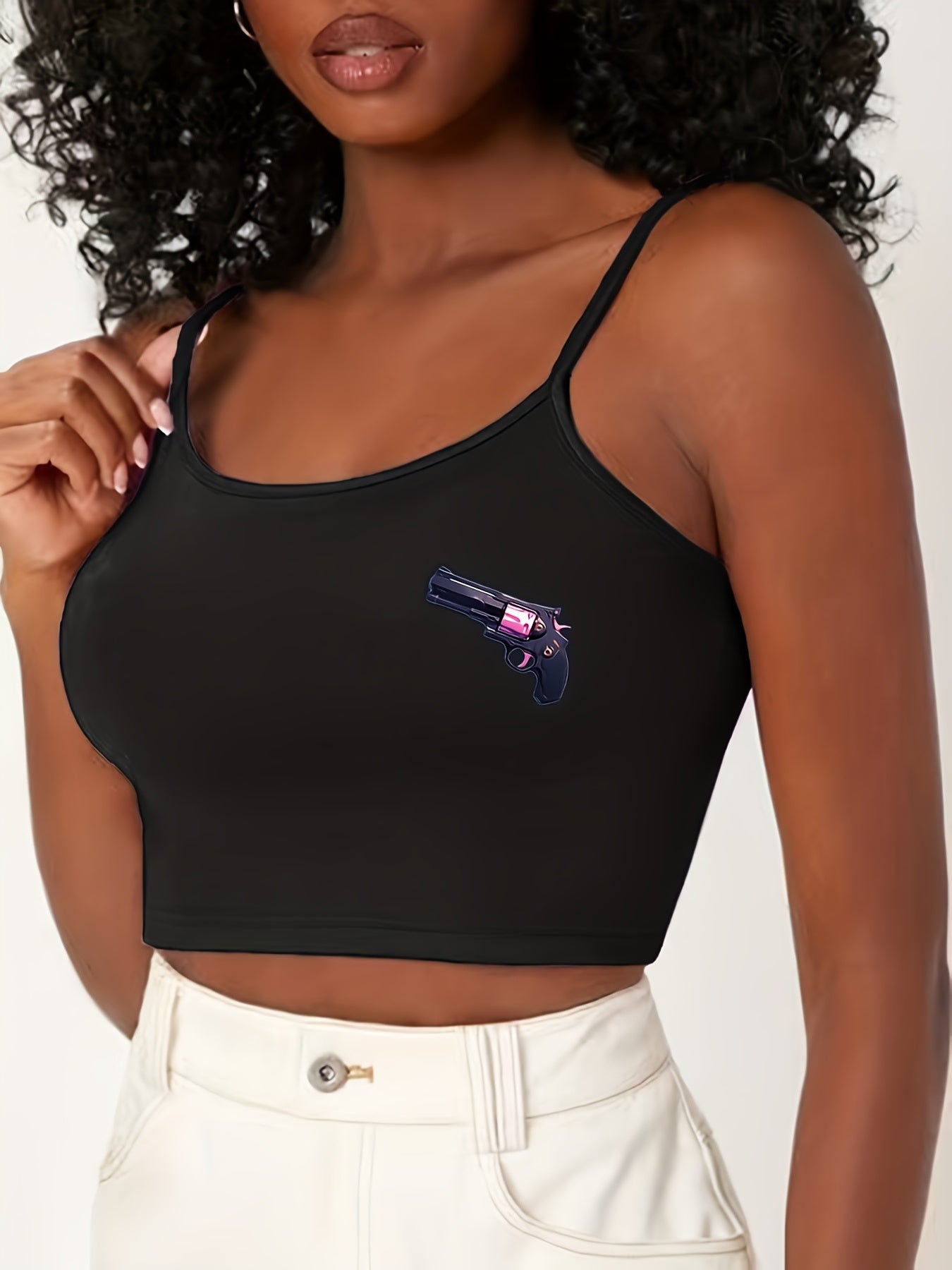 Pistol Print Sleep Tops Crew Neck Spaghetti Strap Top Women's Sleepwear