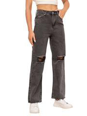Grey Ripped Straight Jeans Distressed Slash Pockets Loose Fit Denim Pants
