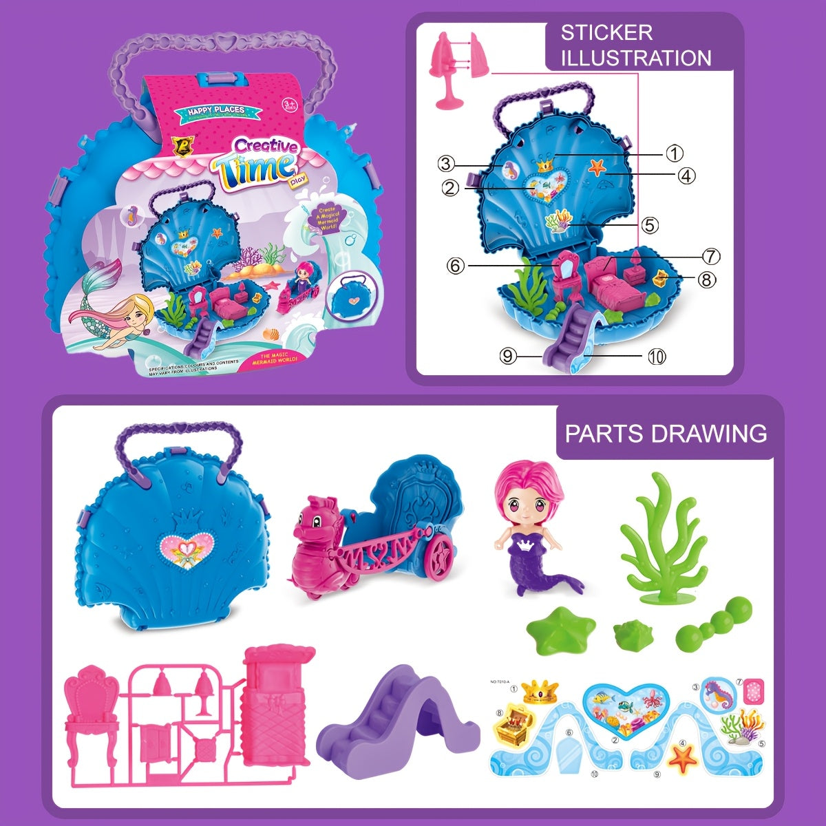 Magical Mermaid Shell Set for Girls with Doll & Seahorse Carriage