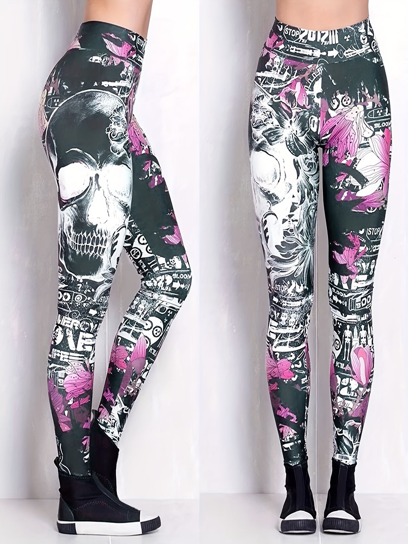 Skull and Flower Printed Leggings for Women