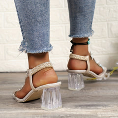 Floral Rhinestone Sandals Square Toe Block Heel Shoes