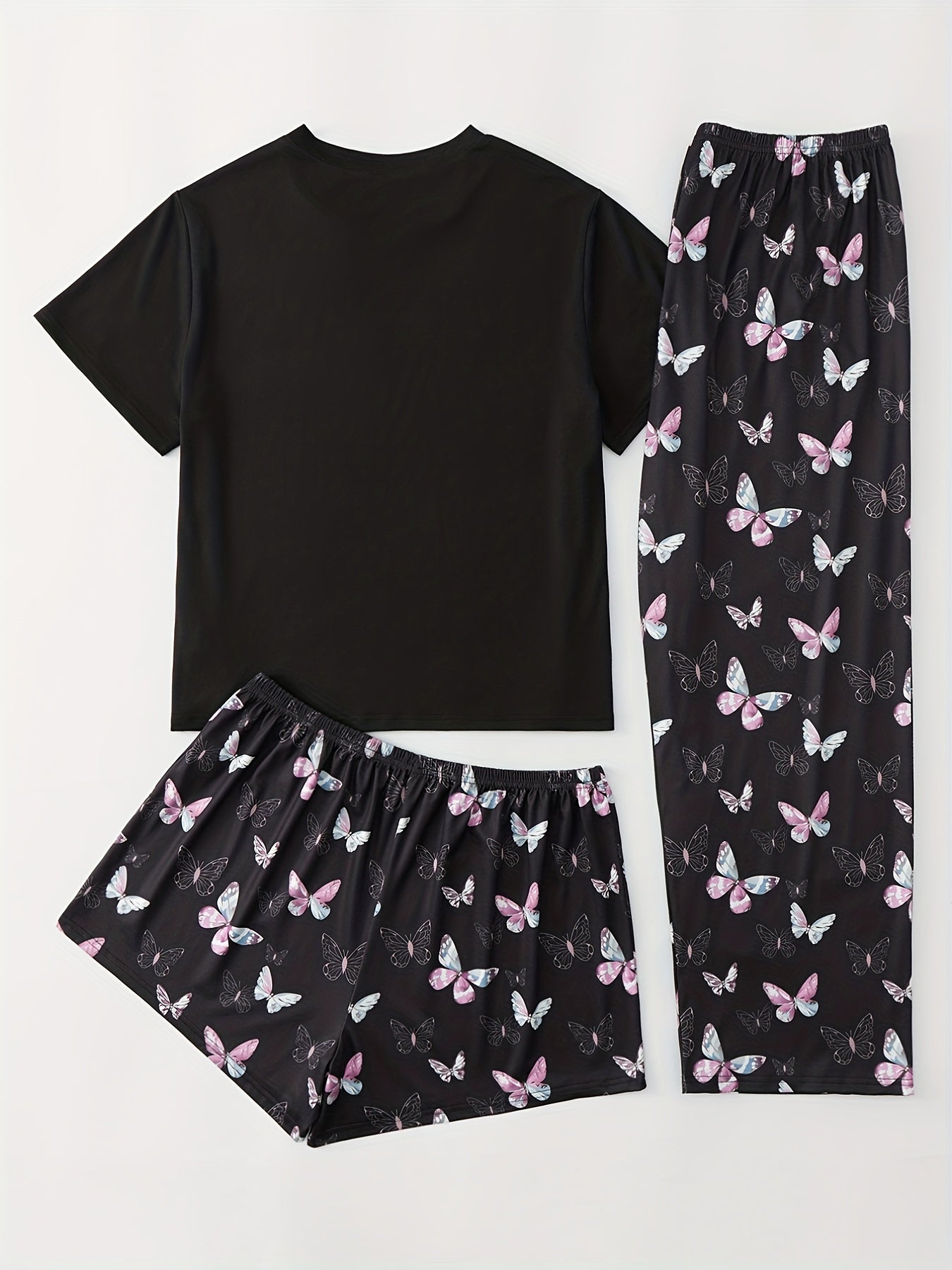 Butterfly Print Tee & Shorts & Pants Loungewear Set