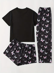 Butterfly Print Tee & Shorts & Pants Loungewear Set