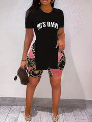 90's Baby Print Two Piece Outfit Casual T Shirt & Random Print Shorts