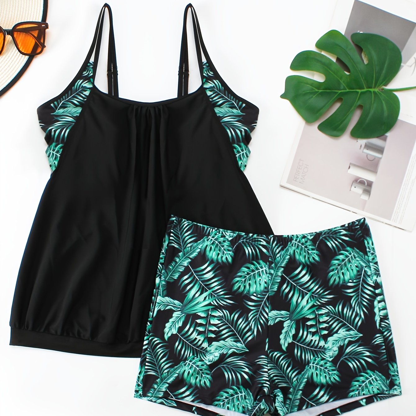 Tropical Print Tankini Set Round Neck Cami Top & Shorts 2 Piece