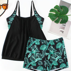 Tropical Print Tankini Set Round Neck Cami Top & Shorts 2 Piece