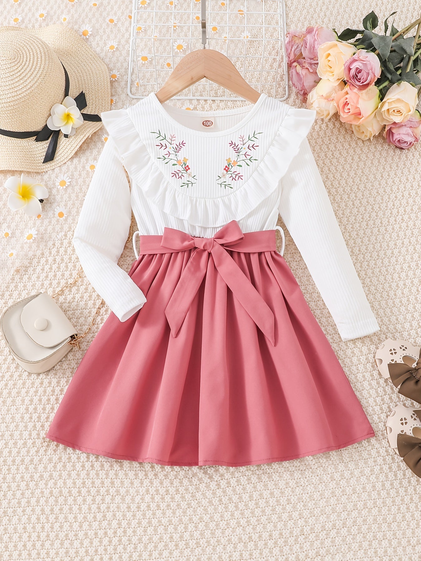 Girls Ruffled Splicing Dress With Belt Long Sleeves Round Neck Flowers Print Pri