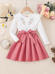 Girls Ruffled Splicing Dress With Belt Long Sleeves Round Neck Flowers Print Pri