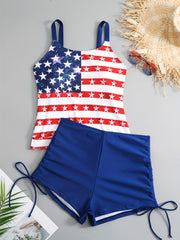 Flag Print Tank Top & Shorts Swimsuit Set