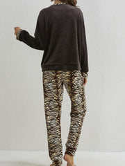 Heart Leopard Pajama Set Long Sleeve Crew Neck Top & Elastic Waistband Pants