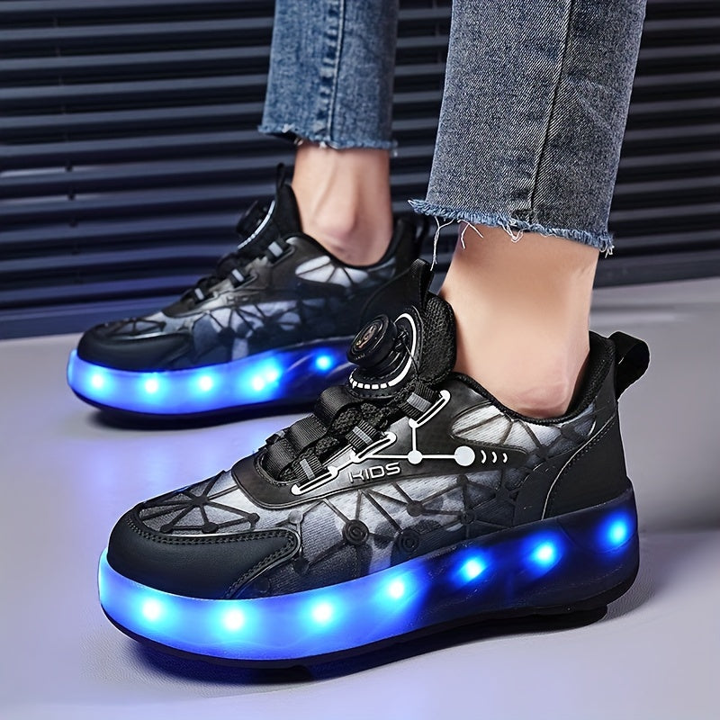 Girl's LED Roller Shoes with Rotating Buckle - Detachable Wheel Skate Sneakers