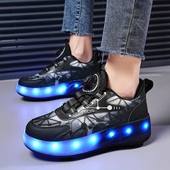 Girl's LED Roller Shoes with Rotating Buckle - Detachable Wheel Skate Sneakers