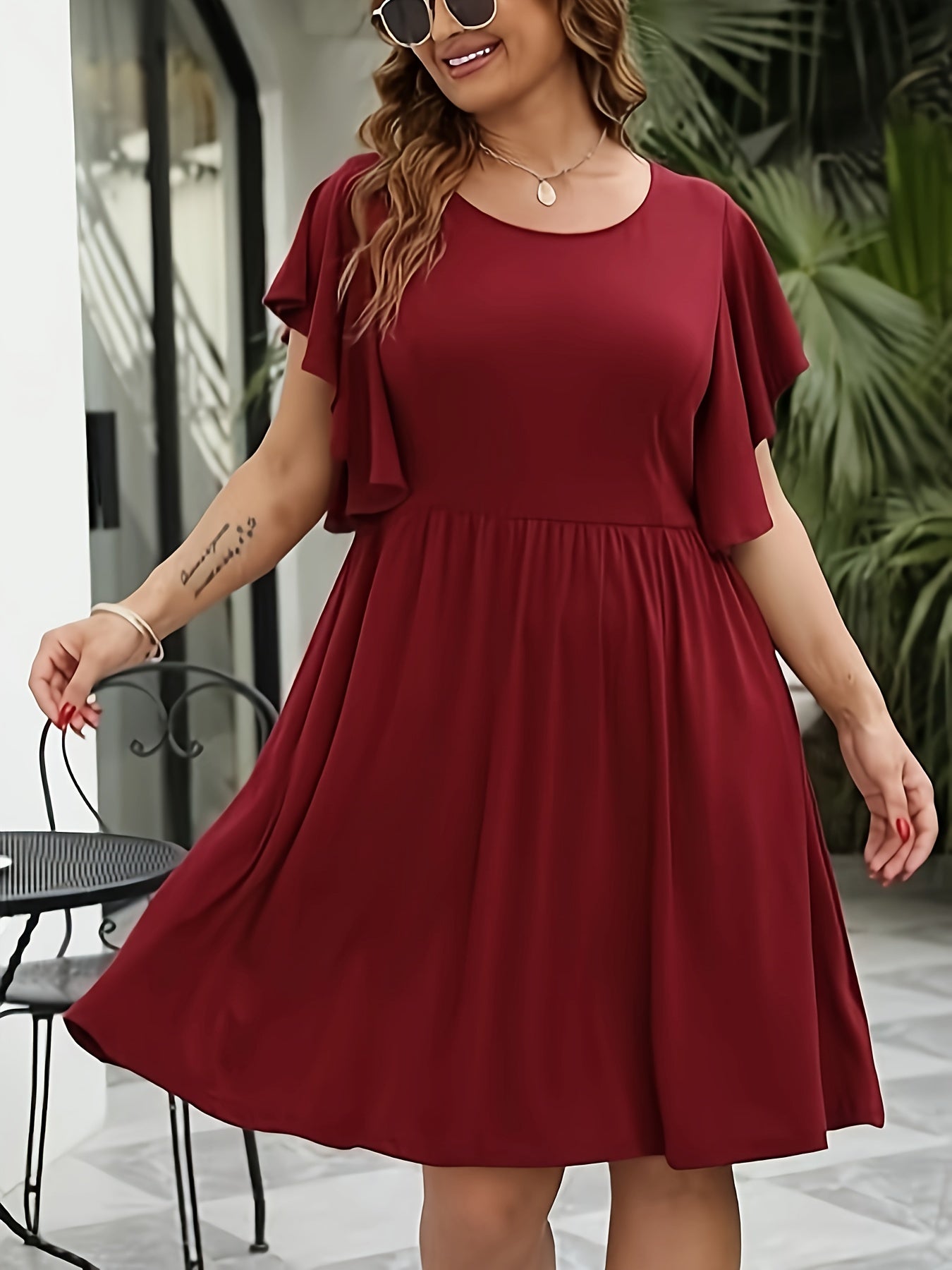 Butterfly Sleeve Casual Dress Round Neck Knee Length