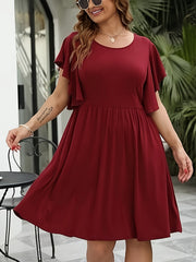 Butterfly Sleeve Casual Dress Round Neck Knee Length