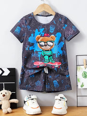Boys Bear Skateboard T-shirt & Shorts Summer Outfit