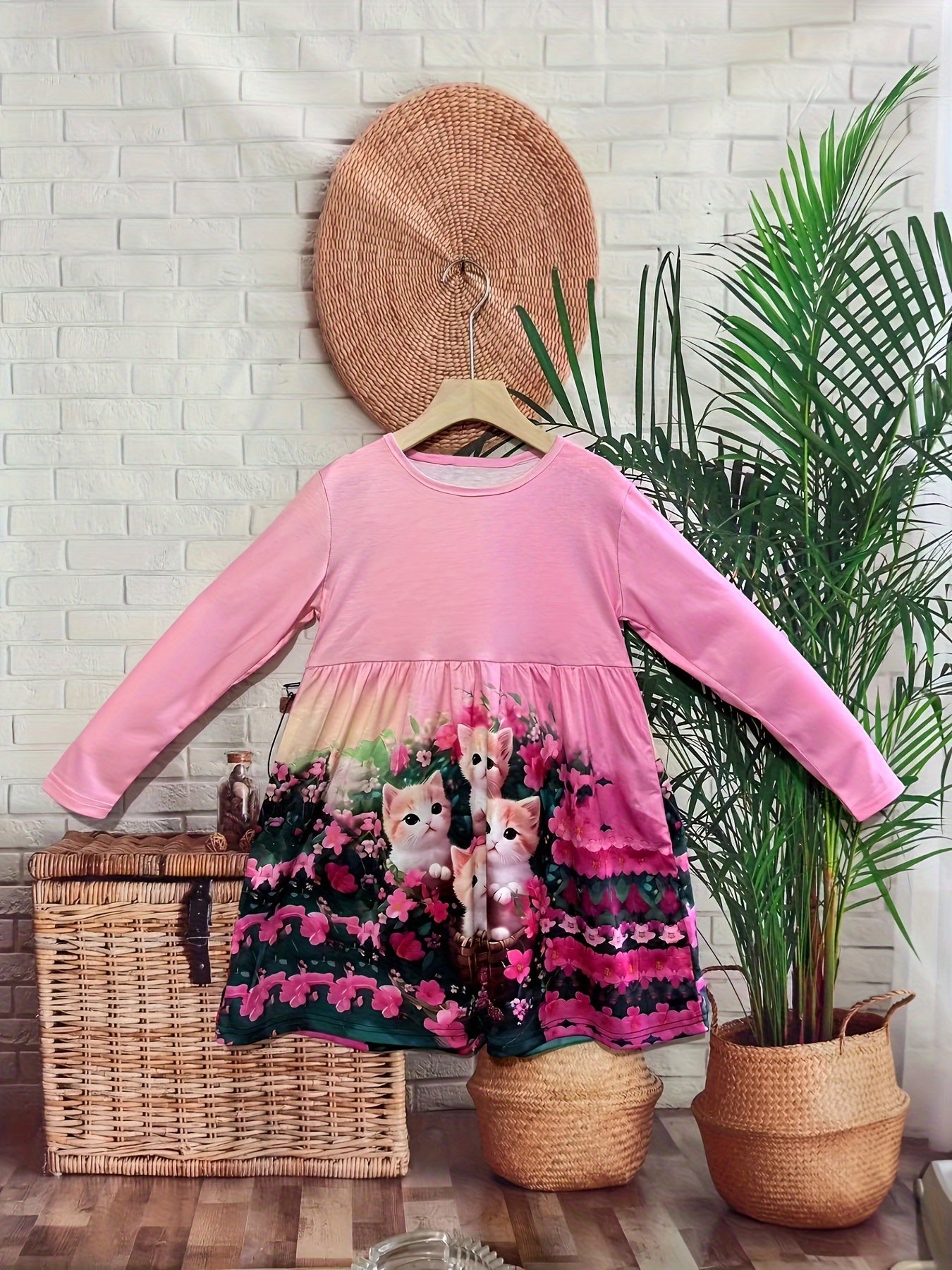 Girls Kitty Graphic Crew Neck Long Sleeve Dress 2-14y
