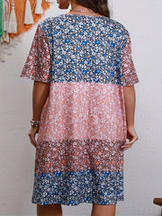 Colorblock Floral Print Short Sleeve Tee Dress With Pockets