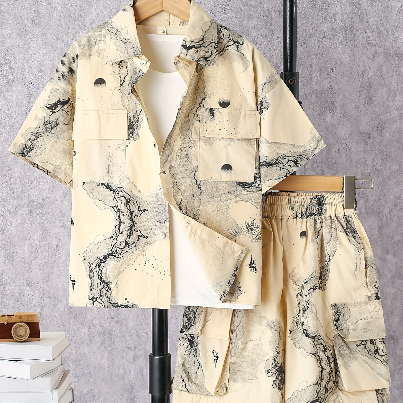 2pcs Toddler Boys Ink Painting Graphic Button Drop Shoulder Shirt Tops