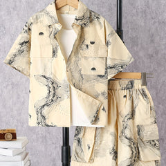 2pcs Toddler Boys Ink Painting Graphic Button Drop Shoulder Shirt Tops