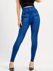 Denim Print High Waist Jeggings Slim Stretchy Casual Leggings Women