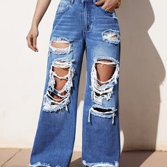 Distressed Straight Leg Jeans High Rise Wide Legs