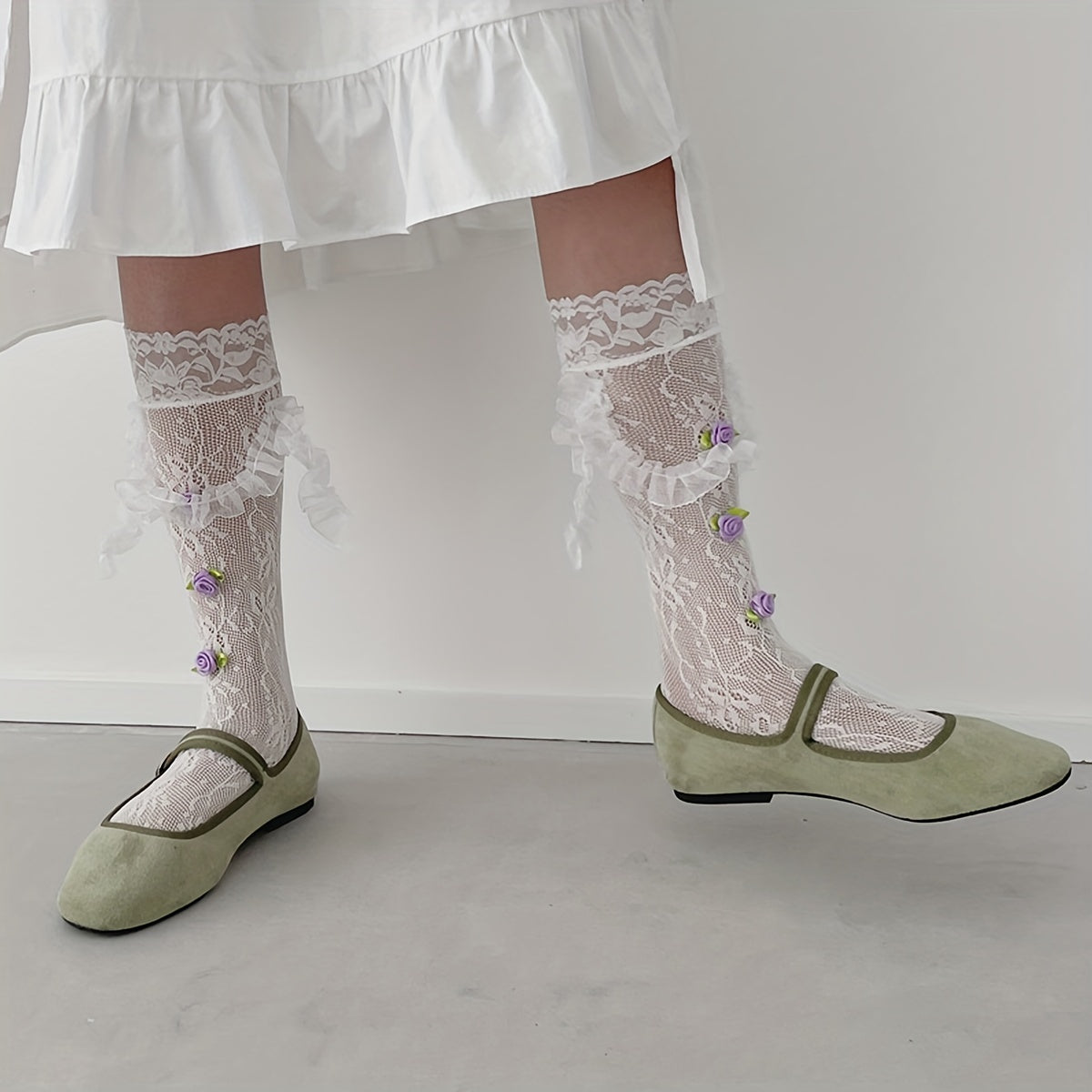 Floral Lace Calf Socks Mesh Knee High Stockings