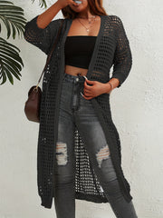 Solid Hollow Out Long Sleeve Open Front Cardigan