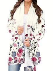 Floral Print Open Front Cardigan Long Sleeve Knit Outwear For Spring & Fall