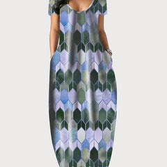 Colorblock Geometric Print V Neck Maxi Dress