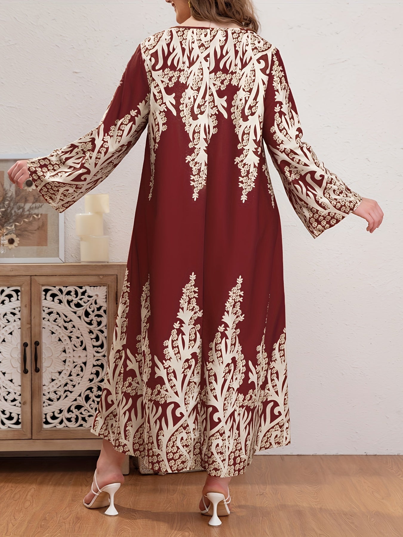 Casual Abaya Dress Women's Plus Floral Print Long Sleeve