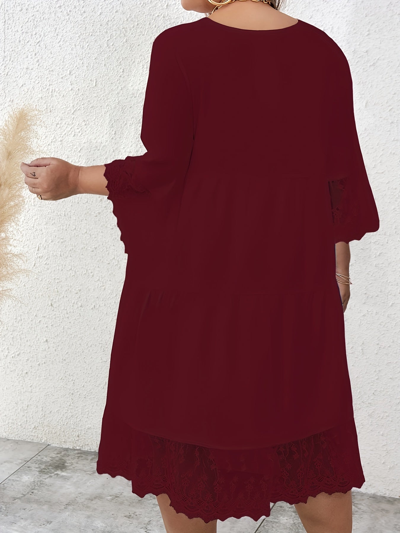 Casual Dress Women's Plus Lace Sleeve V Neck Smock Dress