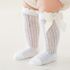 5 Pairs Baby Girls Bow Mesh Knee High Socks Toddler Cotton Dress Stockings