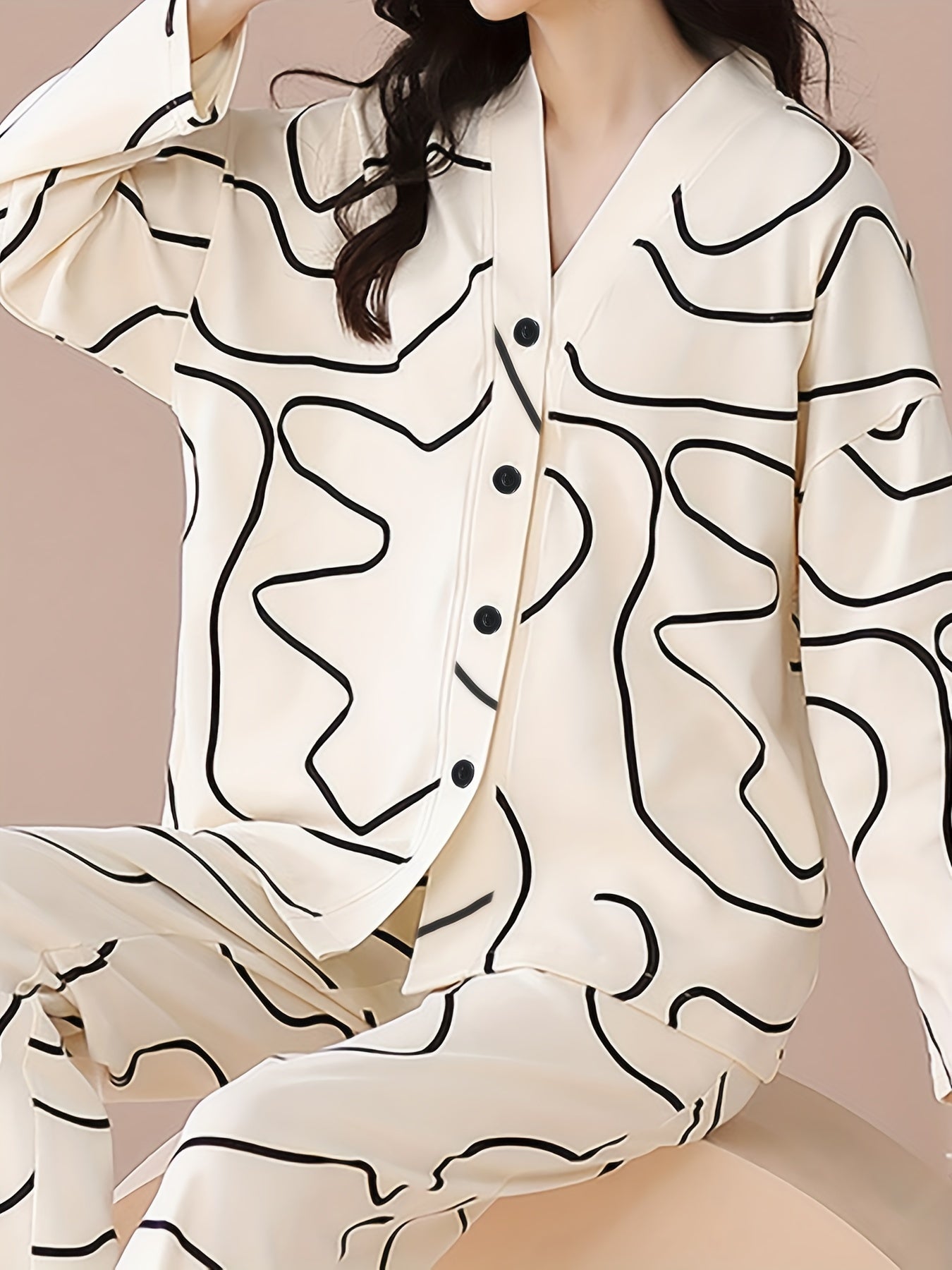 Geometric Print Pajama Set Long Sleeve Top & Pants Women's Sleepwear