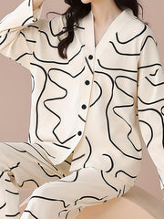Geometric Print Pajama Set Long Sleeve Top & Pants Women's Sleepwear