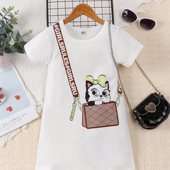 Girls Cat Print Short Sleeve Dress