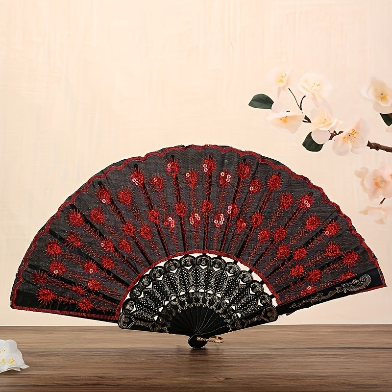 Sequin Fabric Folding Fan Embroidery Lace Fan Vintage Fan