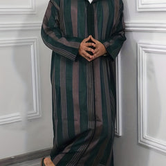 Islamic Arabic Kaftan Men Long Sleeve Vertical Striped V Neck Hooded