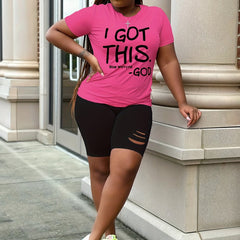 Women's Slogan Print Top & Cut Out Shorts Set