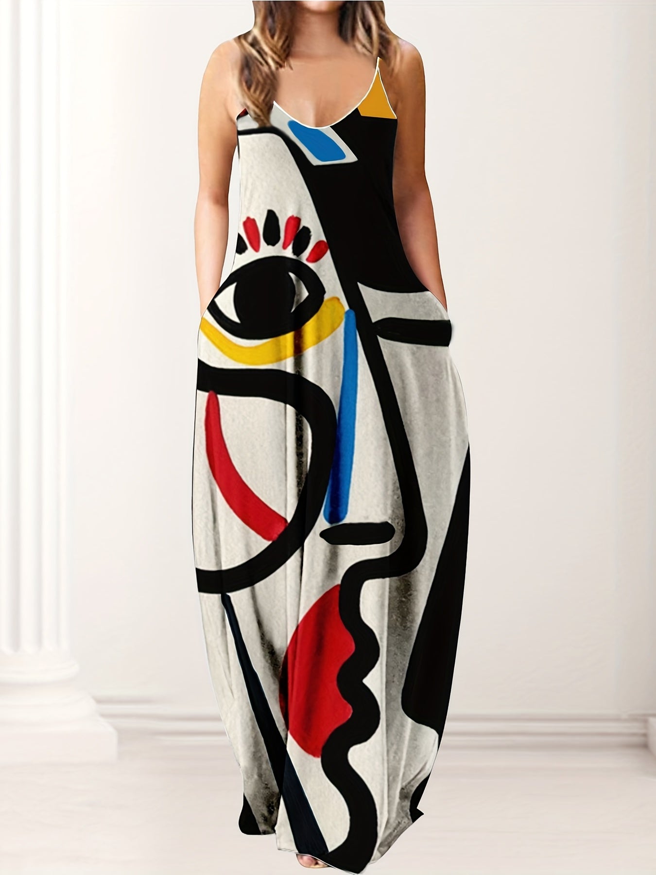 Women's Plus Abstract Figure Print V Neck Cami Maxi Dress