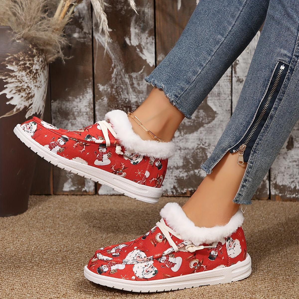 Christmas Snowman & Deer Cartoon Pattern Warm Fluffy Snow Shoes