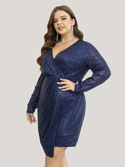 Sequin Wrap Party Dress Long Sleeve V-Neck Stretch