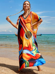 Boho Cover Up Women's Plus Abstract Guitar Print V Neck Side Split Cov