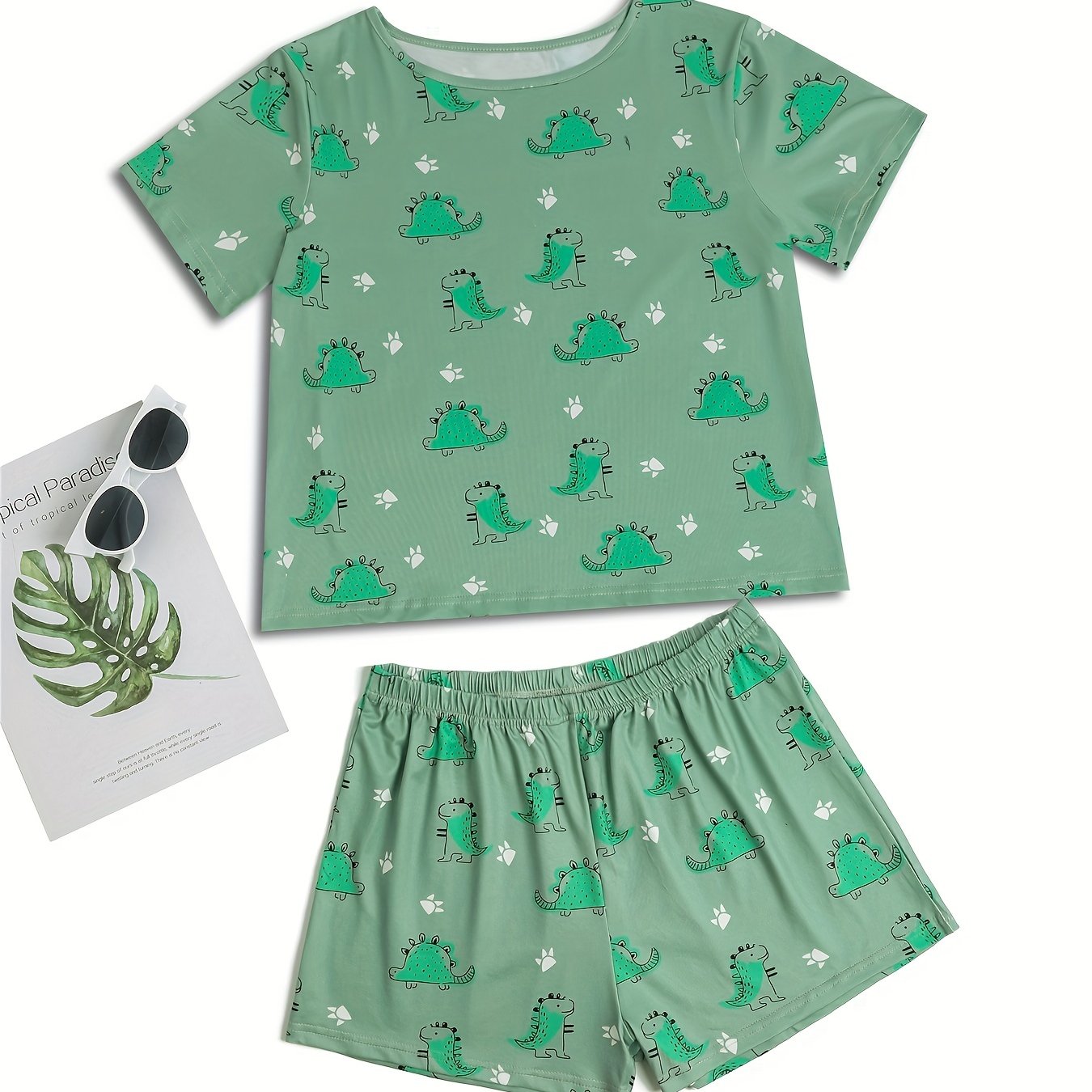 Dinosaur Print Lounge Set Short Sleeve Crew Neck Top & Elastic Waistband Shorts