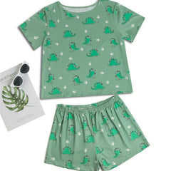 Dinosaur Print Lounge Set Short Sleeve Crew Neck Top & Elastic Waistband Shorts