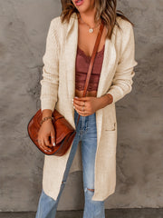 Solid Long Sleeve Open Front Hooded Cardigan With Pockets