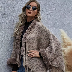 Fur Collar Cardigan Solid Warm Tassel Shawl Wrap Windproof Striped Shawl Cape