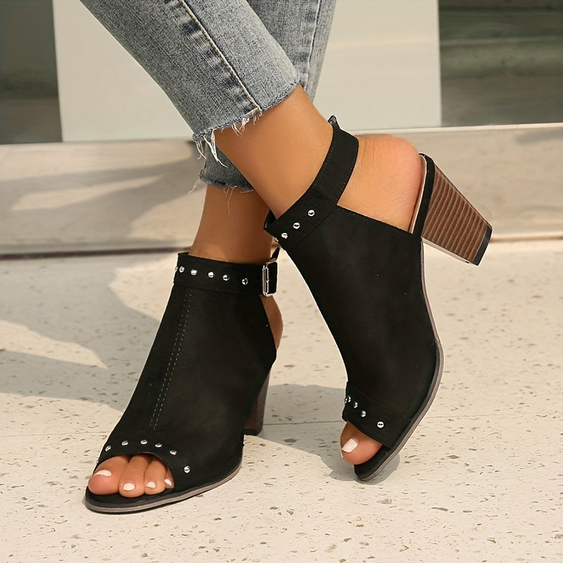 Women's Chunky Heeled Sandals Peep Toe Buckle Strap Stacked High Heels