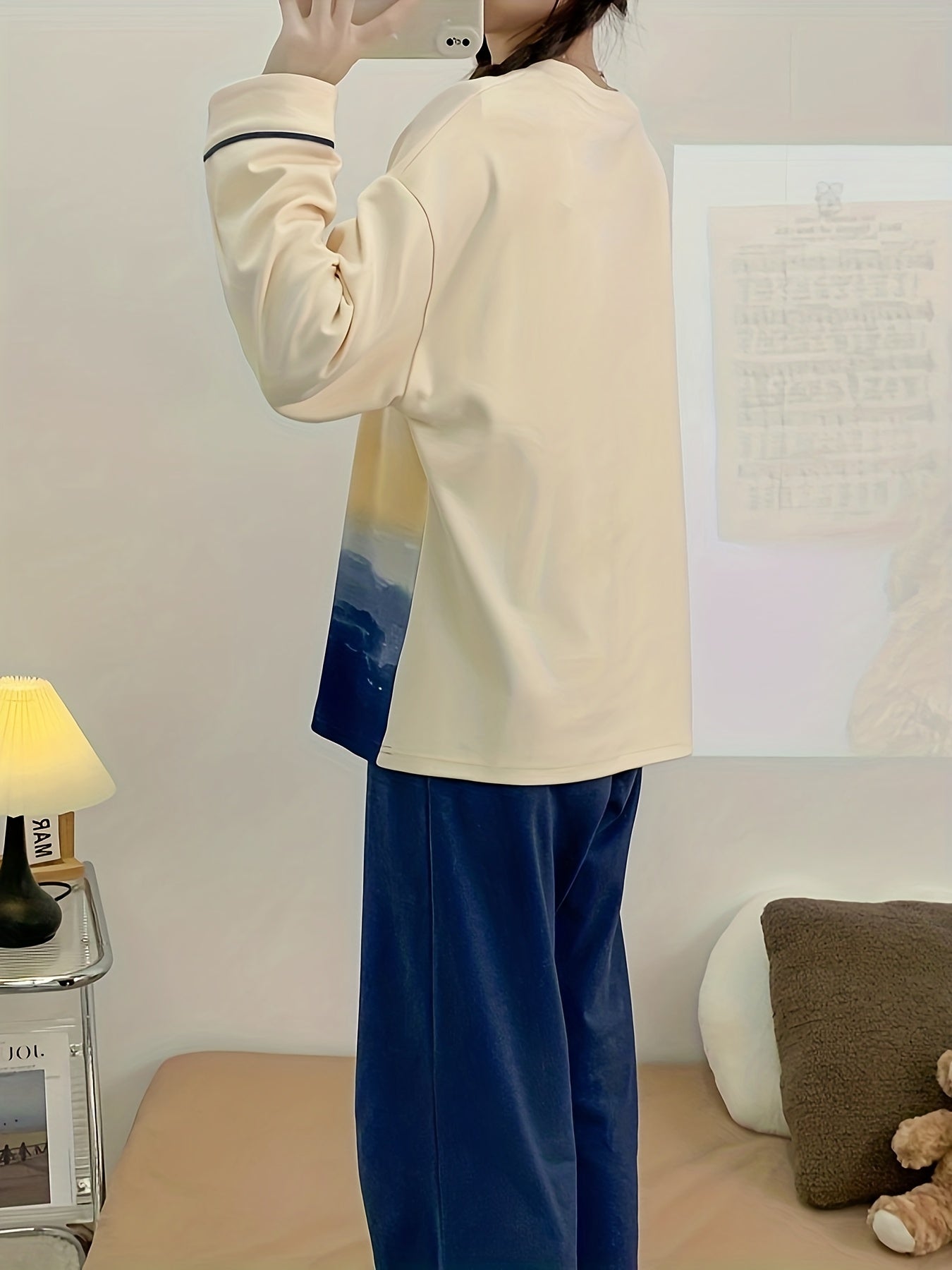 Cartoon Bear Pajama Set Long Sleeve Crew Neck Top & Pants