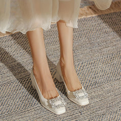 Rhinestone Chunky Heel Pumps Comfortable Slip-On Shoes for Women