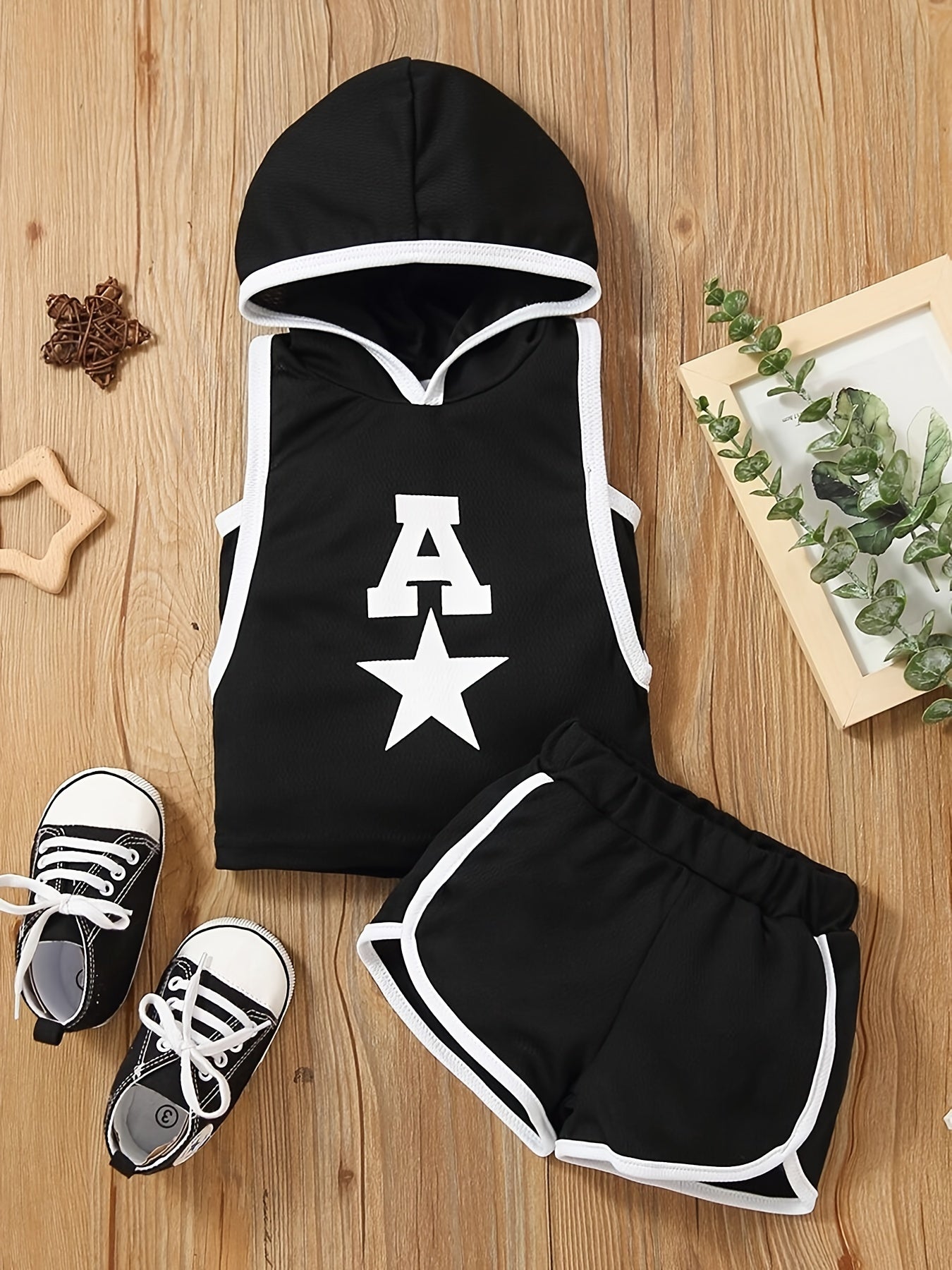 Baby Boys Star Print Hooded Top & Shorts Set, Summer Casual Outfit